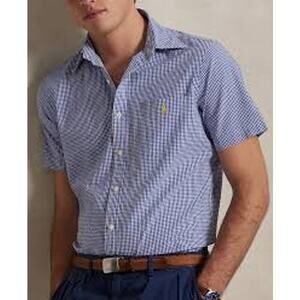 Polo Ralph Lauren Men's Seersucker L Short Sleeve Shirt Blue White Gingham Check